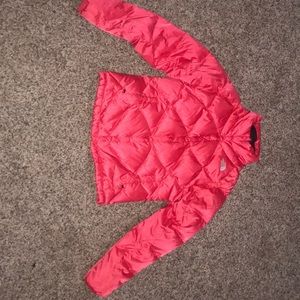 coral , puffy north face winter coat